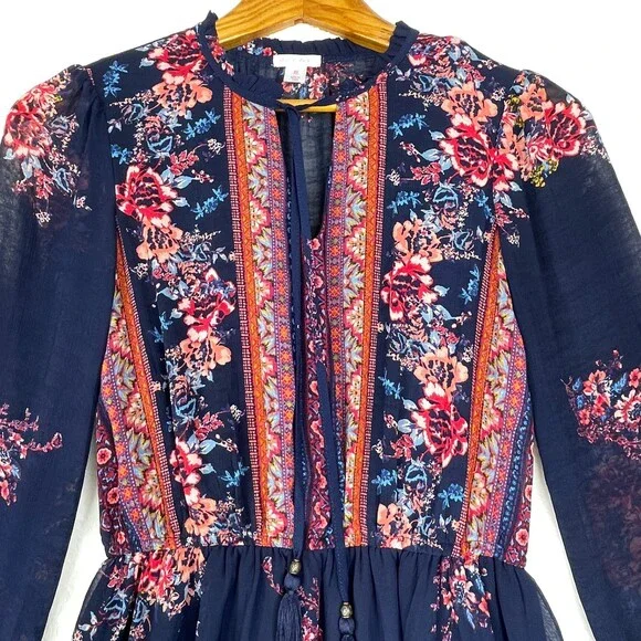 Xhilaration Floral Maxi Dress Womens XS Blue Boho CottageCore Long Sleeves - Picture 3 of 15